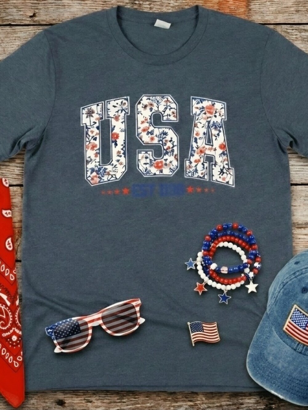 USA Floral Embroidered Look Tee • Patriotic Red White Blue Shirt • Est. 1776